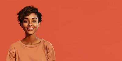 sorrindo jovem mulher com Sombrio pele e curto preparado cabelo isolado em plano vermelho pastel fundo com cópia de espaço. modelo para bandeira do Cosmético produtos, beleza salão e odontologia. ai generativo foto