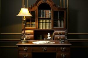 a Antiguidade secretário escrivaninha este complementa uma vintage casa escritório com rico, profundo Castanho tons. ai generativo foto