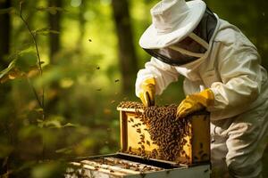 uma apicultor leva Cuidado do uma colmeia do abelhas. uma investigador monitoramento uma colmeia saúde e atividade. ai generativo foto