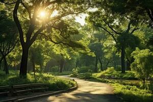 uma tranquilo parque com animais selvagens habitats e caminhando trilhas. relaxamento dentro limpar \ limpo ar longe a partir de a urbano ambiente. ai generativo foto