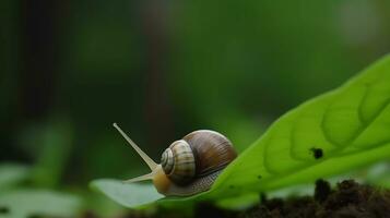 uma Caracol em uma folha com uma verde folha dentro a fundo costas Visão macro tomada. ai gerado foto