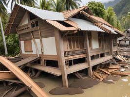 abandonado casa com inundado água , tsunami ataque foto