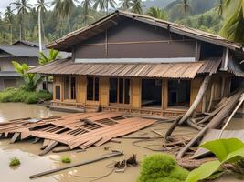 abandonado casa com inundado água , tsunami ataque foto