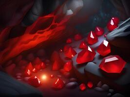 vermelho cristais dentro Sombrio caverna fundo foto