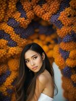 retrato do jovem ásia mulher com tecido túnel foto