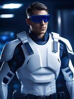 retrato do cyber homem dentro futurista óculos foto