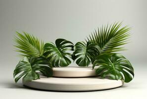 3d pódio madeira exibição branco fundo com verde monstera Palma folha ai gerado. foto