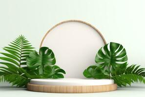 3d pódio madeira exibição branco fundo com verde monstera Palma folha ai gerado. foto