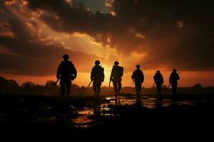 soldados silhuetas dentro a abraço do uma radiante, configuração Sol ai gerado foto