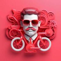 3d personagem do adulto homem dentro óculos e bicicleta em Rosa fundo, ai generativo foto