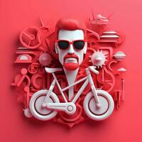 3d personagem do adulto homem dentro óculos e bicicleta em Rosa fundo, ai generativo foto