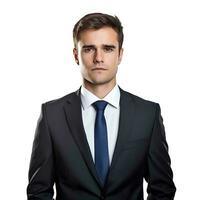 uma homem de negocios vestindo uma terno e gravata em a isolado branco fundo, ai generativo foto