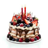 aniversário bolo com velas e bagas em isolado branco fundo, ai generativo foto