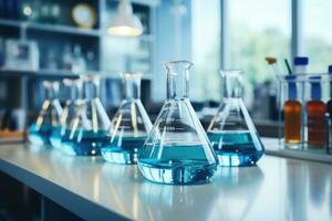 vários laboratório artigos de vidro com azul líquido e reflexão em a mesa. Ciência e remédio conceito. gerado de artificial inteligência foto