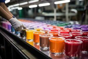 fábrica para a Produção do tintas. frascos do pintura do diferente cores em uma transportador cinto. gerado de artificial inteligência foto