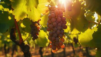 fechar-se do uvas, Vinhedo contra a fundo dentro a luz do a Sol ai generativo foto