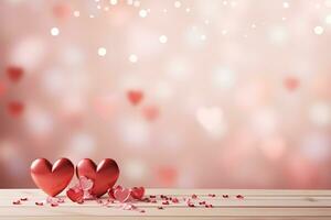 Rosa corações em uma de madeira mesa contra uma luz desfocado bokeh fundo. amor, dia dos namorados dia conceito. gerado de artificial inteligência foto