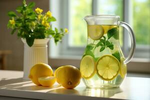 citrino limonada dentro uma jarro em uma mesa dentro a cozinha. limões e hortelã, vaso com flores gerado de artificial inteligência foto