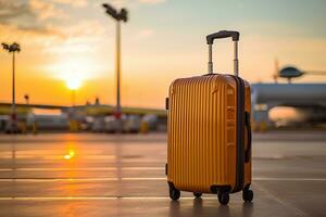 1 à moda mala de viagem em rodas carrinhos perto a aeroporto. conceito do férias, viajando de avião. gerado de artificial inteligência foto