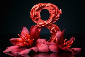 floral arranjo com a número 8 em uma Sombrio fundo. internacional mulheres dia. conceito do 8 marcha feriado. generativo ai foto
