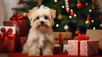 fofa fofo branco cachorro sentado dentro frente do decorado Natal árvore com apresenta foto