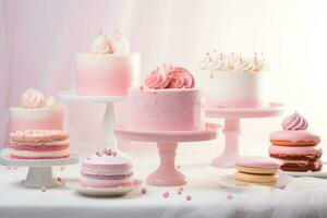 ai gerado lindo bolos e sobremesas dentro Rosa tons em uma Rosa fundo. Casamento bolo. aniversário bolo. dia dos namorados dia bolo. foto