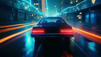 carro passeio em a néon estrada dentro anos 80 retro synthwave estilo. gerado ai. foto