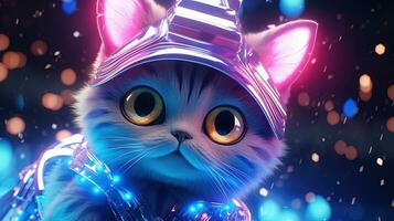 festa gato dentro néon cores. engraçado gatinho com holográfico chapéu dentro anos 90 estilo néon luzes. gerado ai. foto