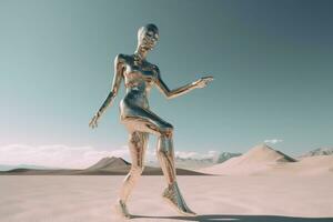 crome robô mulher dançando dentro a deserto. artificial inteligência subir e brilhante. mecânico beleza. gerado ai. foto