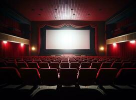 cinema interior com assentos e branco tela. filme teatro quarto com cadeiras. gerado ai. foto