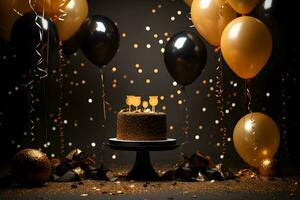 ouro confete com balão luxo aniversário fundo ai gerado foto