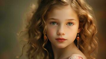 uma jovem menina com grandes encaracolado cabelo e grande olhos, ai generativo foto