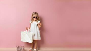 uma pequeno menina vestindo uma branco vestir e copos, retrata a figura do uma rico mulher, segurando uma luxo marca compras bolsa, ai generativo foto