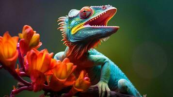 colorida lagarto sentado em uma ramo com flores, ai generativo foto