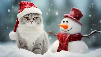 uma gato vestindo uma santa chapéu e cachecol é Próximo para uma neve escultura, ai generativo foto