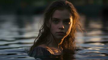 uma jovem mulher é natação dentro a água, ai generativo foto