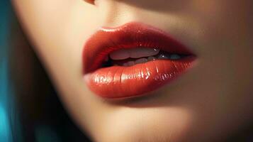 uma fechar acima do uma mulher lábios com uma vermelho batom, ai generativo foto