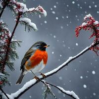 uma de peito vermelho robin empoleirado em uma coberto de neve ramo. ai generativo foto