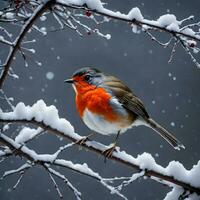 uma de peito vermelho robin empoleirado em uma coberto de neve ramo. ai generativo foto