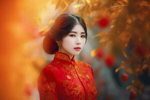 chinês menina dentro vermelho vestir dentro outono jardim. gerar ai foto