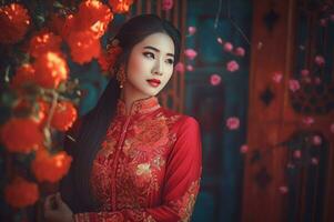 vietnamita lindo menina vermelho tradicional vestir. gerar ai foto