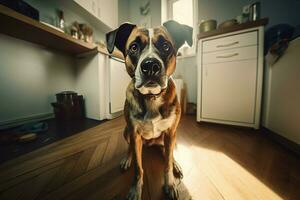 cachorro sentado às cozinha chão interior. gerar ai foto