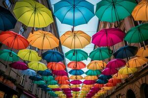 colorida guarda-chuva cidade rua moda. gerar ai foto