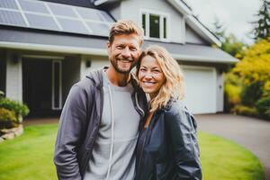 uma feliz jovem casal desfrutando uma dia ao ar livre, sorridente e despreocupado, simboliza a ao ar livre estilo de vida e a simples prazer do vida junto. em a varanda do seus lindo lar. generativo ai foto