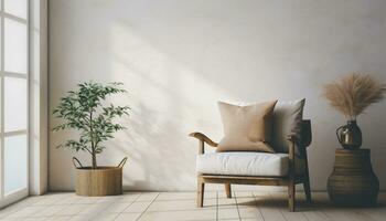 uma moderno vivo quarto Projeto com esvaziar sofá e poltrona em a parede, apresentando lustroso linhas, simples silhuetas, e neutro cores, cria uma minimalista e convidativo espaço. generativo ai foto