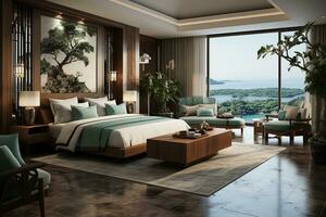 luxuoso quarto dentro 5 Estrela hotel com aberto janela Visualizações ai gerado foto