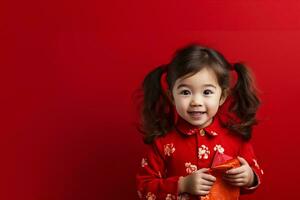 crianças a comemorar chinês Novo ano em uma vermelho fundo, cópia de espaço ai gerado foto