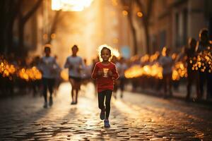 crianças corrida em uma maratona durante nascer do sol ai gerado foto