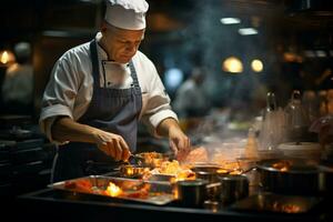 chefe de cozinha preparando delicioso gourmet às uma Alto fim cozinha ai gerado foto