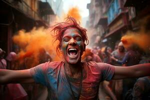 devotos desfrutando holi festival em a rua ai gerado foto